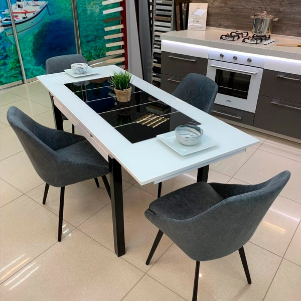 Стол Гала-23 белый муар/стекло белое/полоса черная